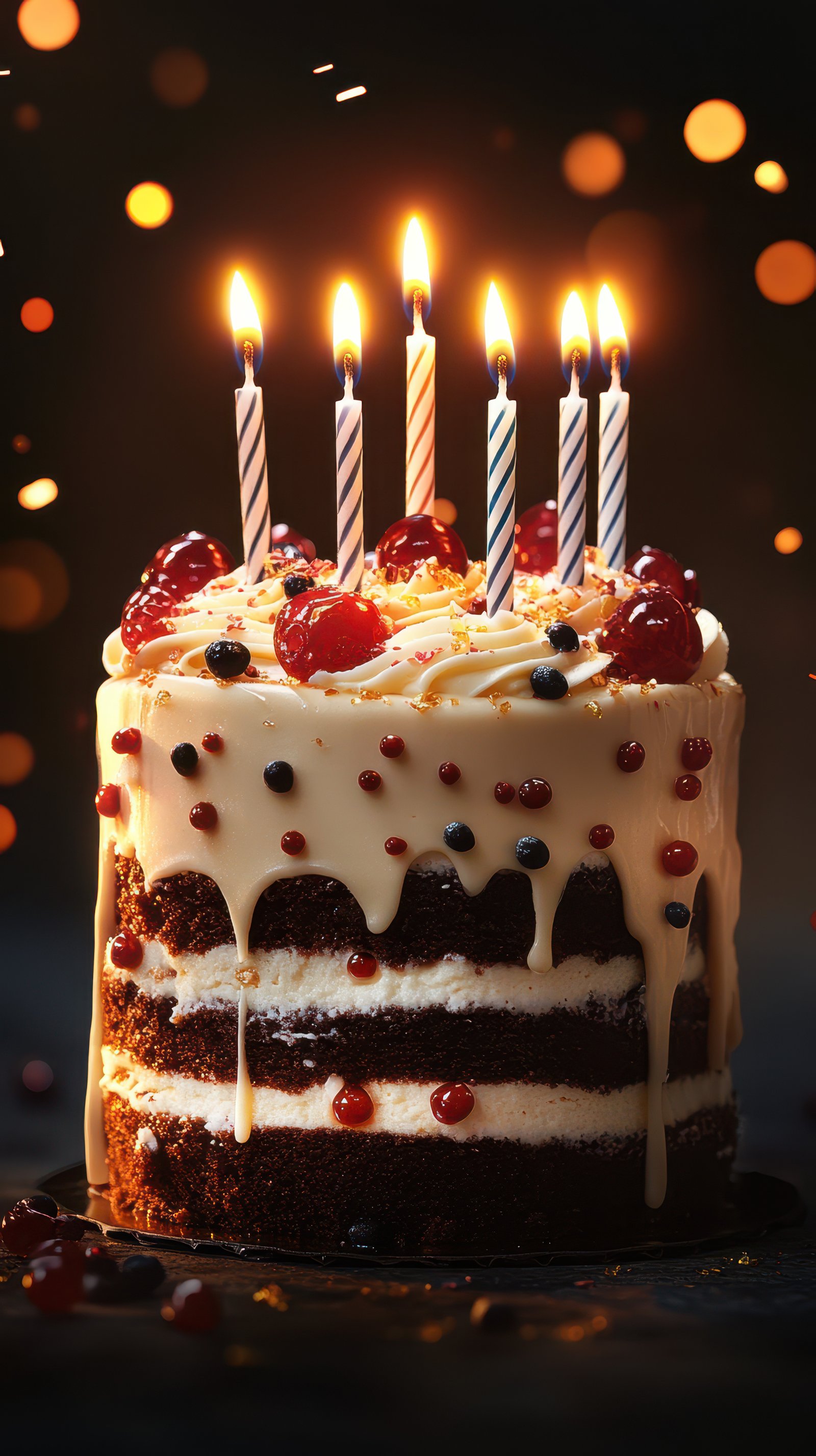 Delicious chocolate cake decorated with candles and bright toppings for a celebration at a night gathering